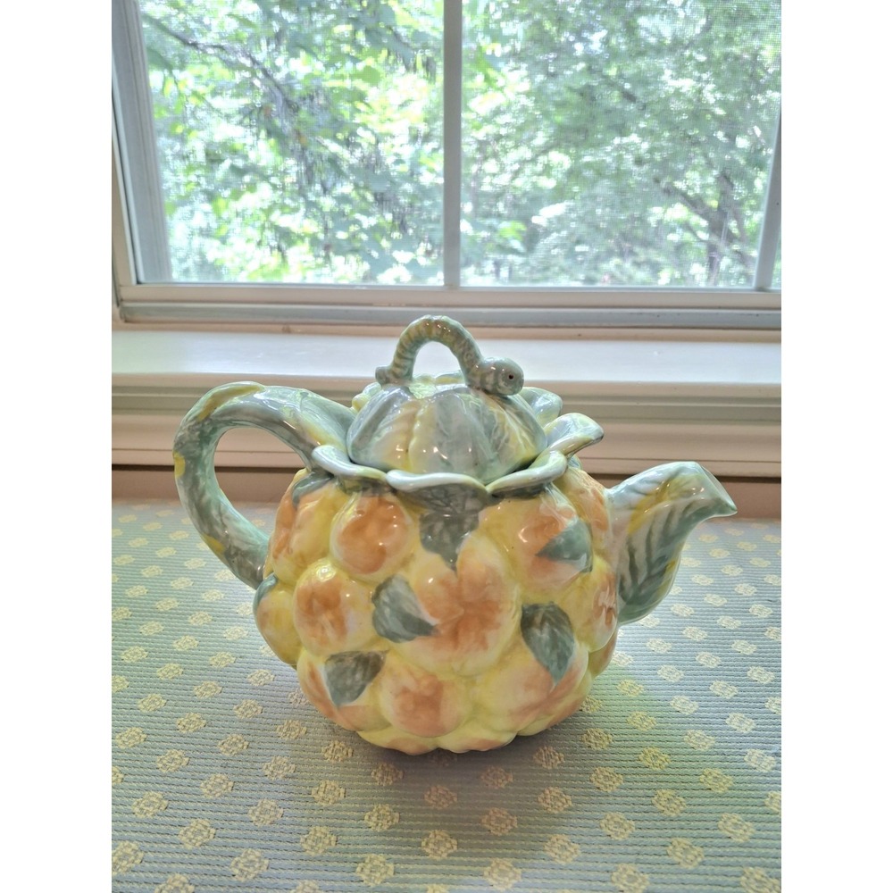 Cute Country Cottage Ceramic Teapot /Lid Fruit Flower Caterpillar Theme Handmade